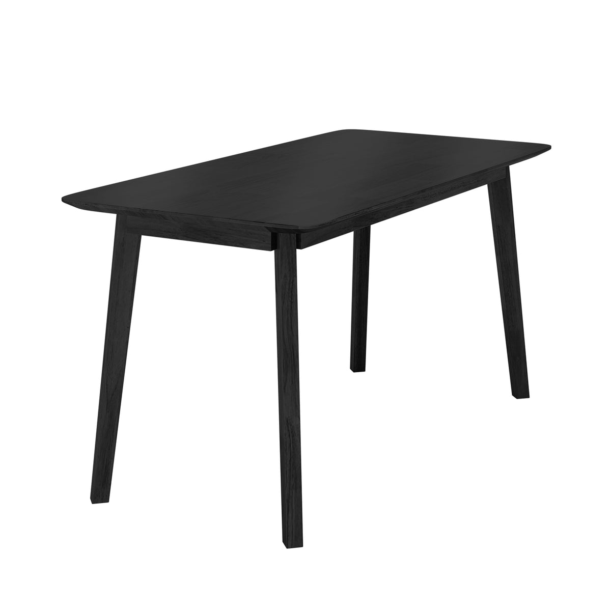 Connie 150cm 4 Seater Hardwood Dining Table in Black, featuring a rectangular matte black top with slightly rounded corners and four outward-angled, tapered legs, embodying modern simplicity and elegance.