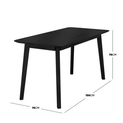 Connie 150cm 4 Seater Hardwood Dining Table in Black features a sleek rectangular design with a flat tabletop and gently rounded corners, supported by four slightly splayed square-section legs.