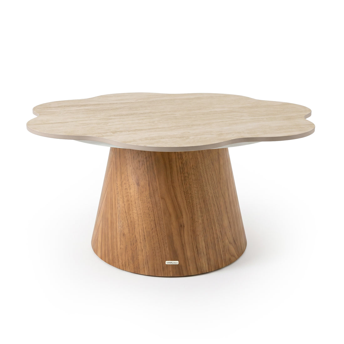 Flower-shaped modern coffee table with cone-shaped wooden base on a white background