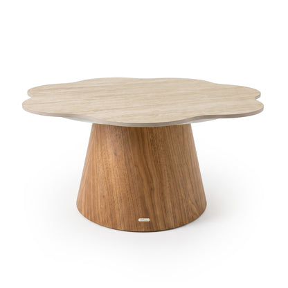 Flower-shaped modern coffee table with cone-shaped wooden base on a white background