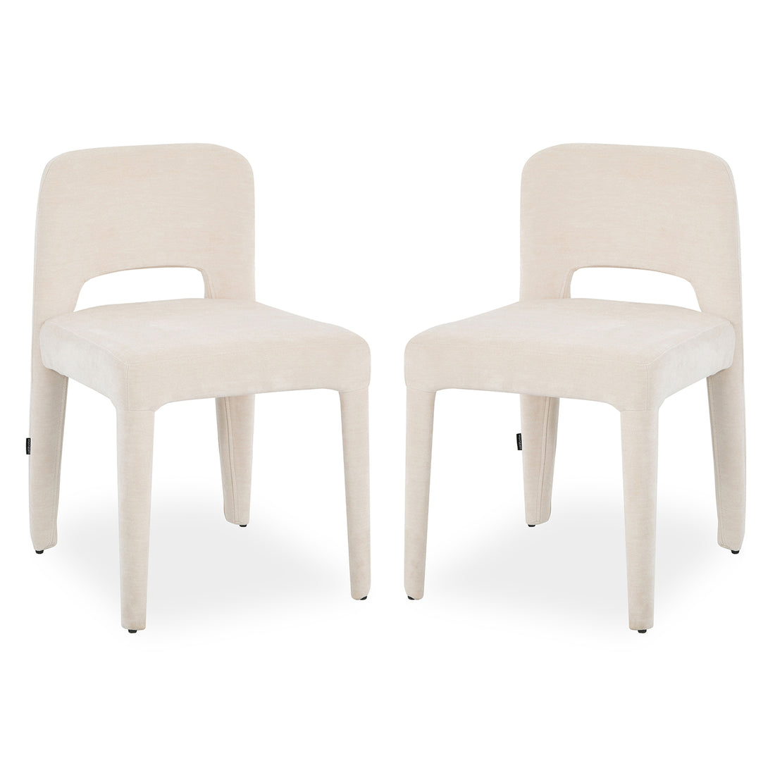 Two Edris upholstered dining chairs in oat fabric with curved backrest cutout and tapered legs