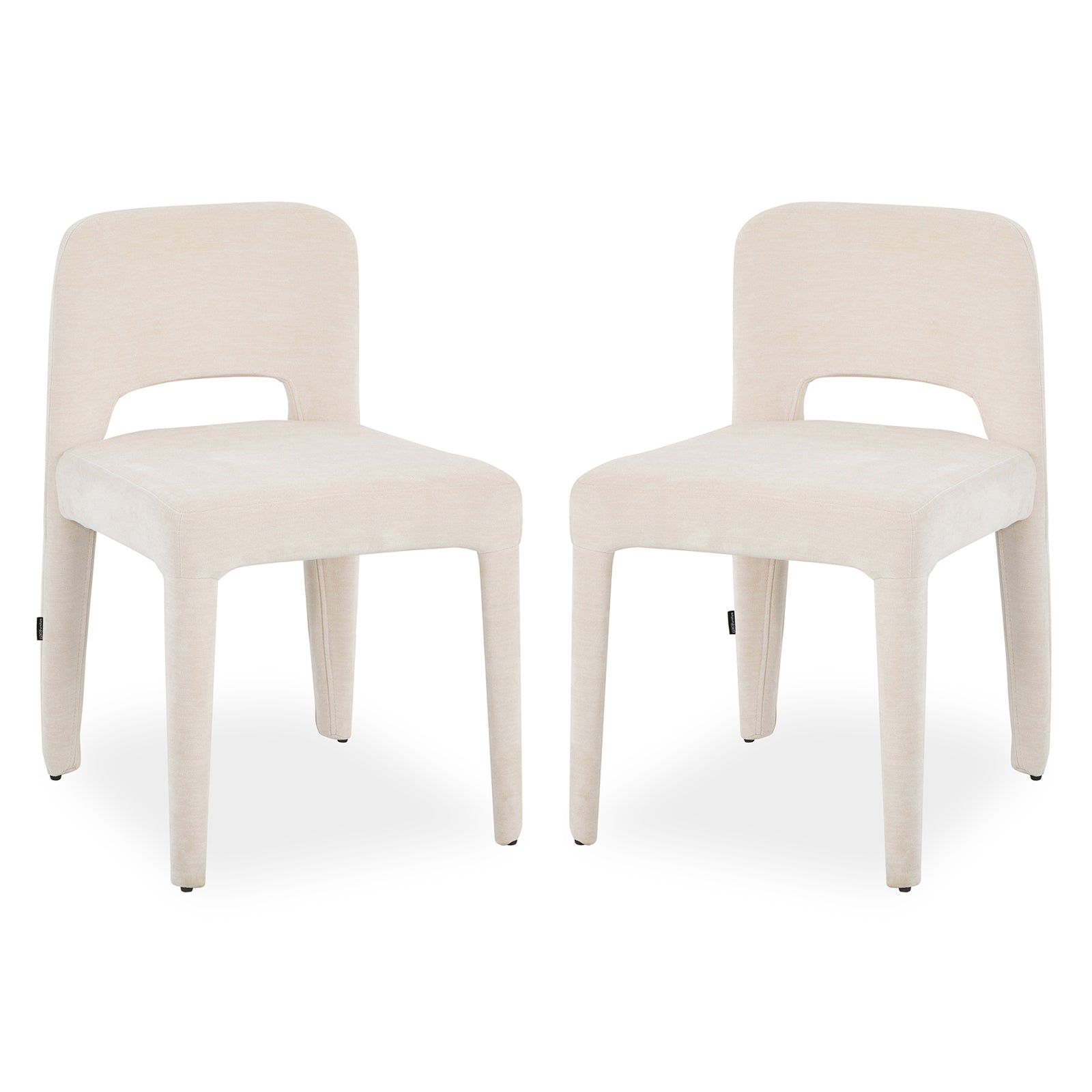 Two Edris upholstered dining chairs in oat fabric with curved backrest cutout and tapered legs