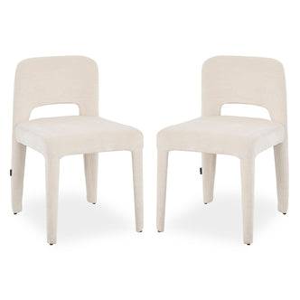 Two Edris upholstered dining chairs in oat fabric with curved backrest cutout and tapered legs