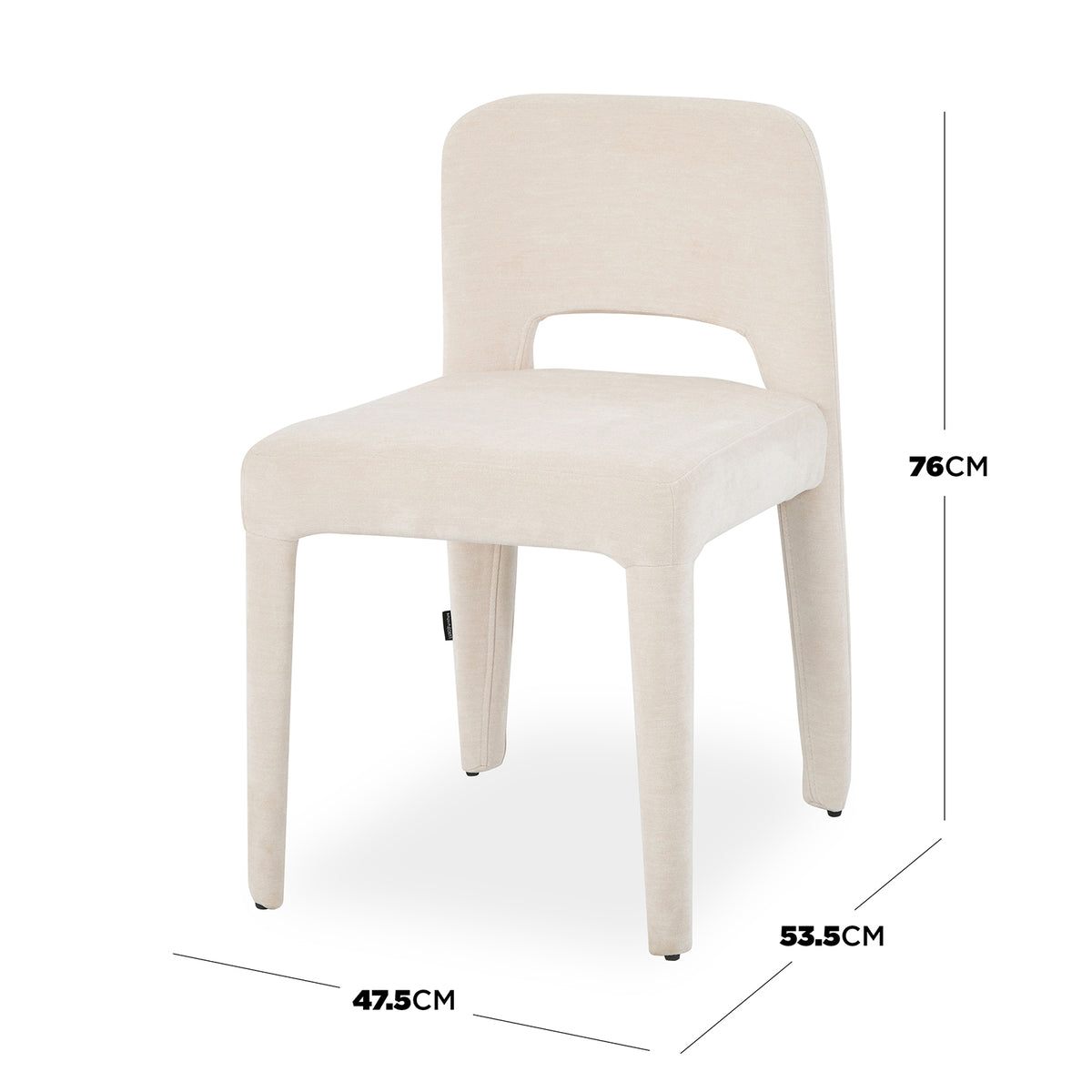 Edris Upholstered Leg Dining Chair in Oat with cut-out back detail, dimensions 76cm H x 47.5cm W x 53.5cm D