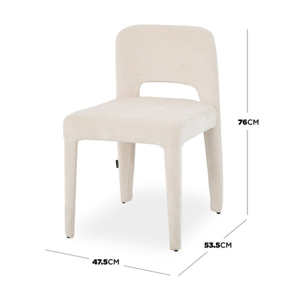 Edris Upholstered Leg Dining Chair in Oat with cut-out back detail, dimensions 76cm H x 47.5cm W x 53.5cm D