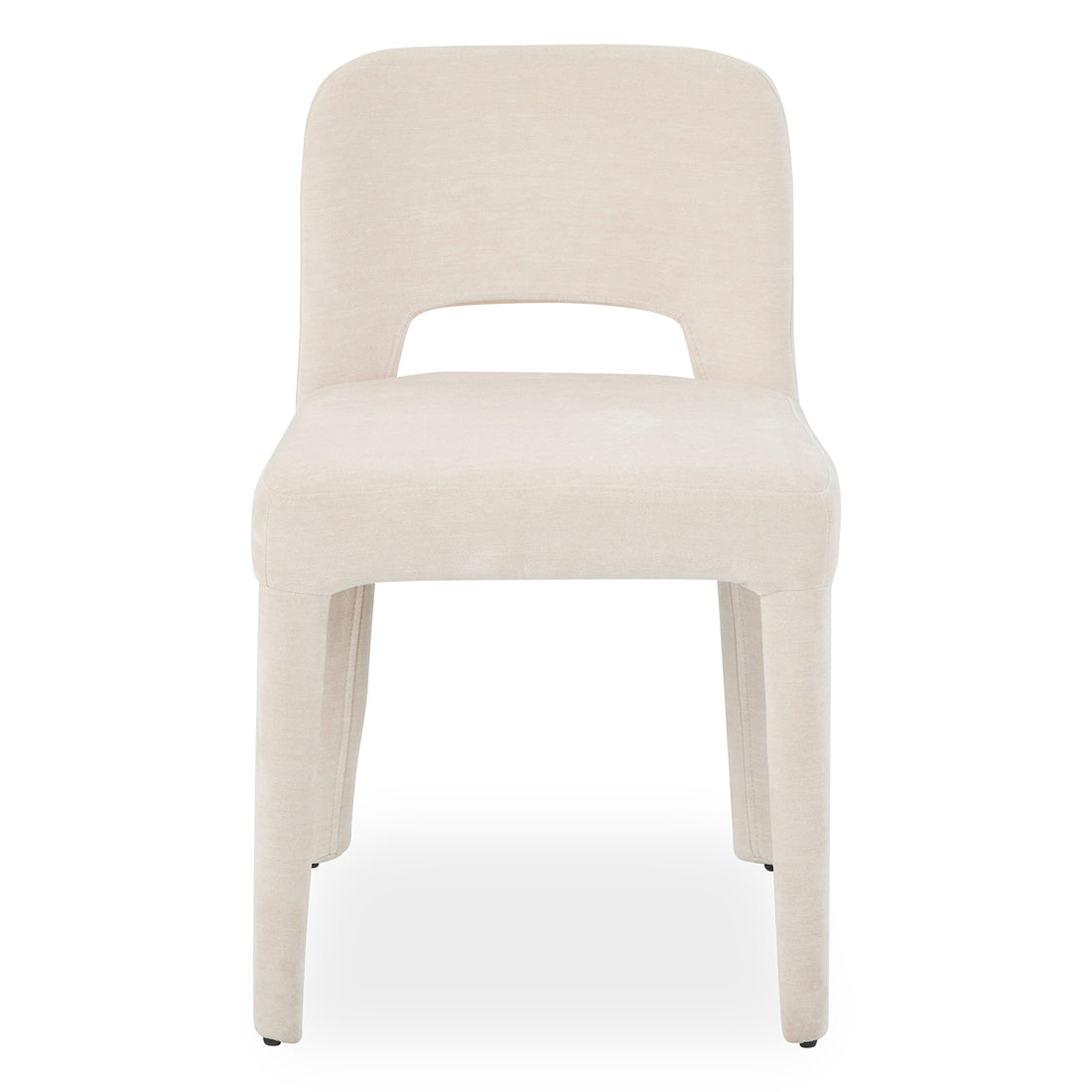 Edris upholstered dining chair in oat with curved backrest, cut-out detail and fabric-covered legs