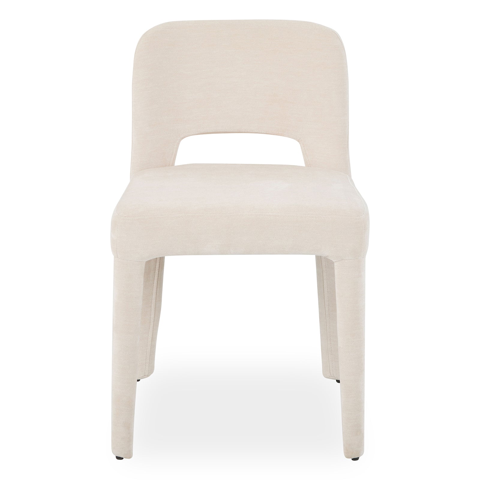 Edris upholstered dining chair in oat with curved backrest, cut-out detail and fabric-covered legs