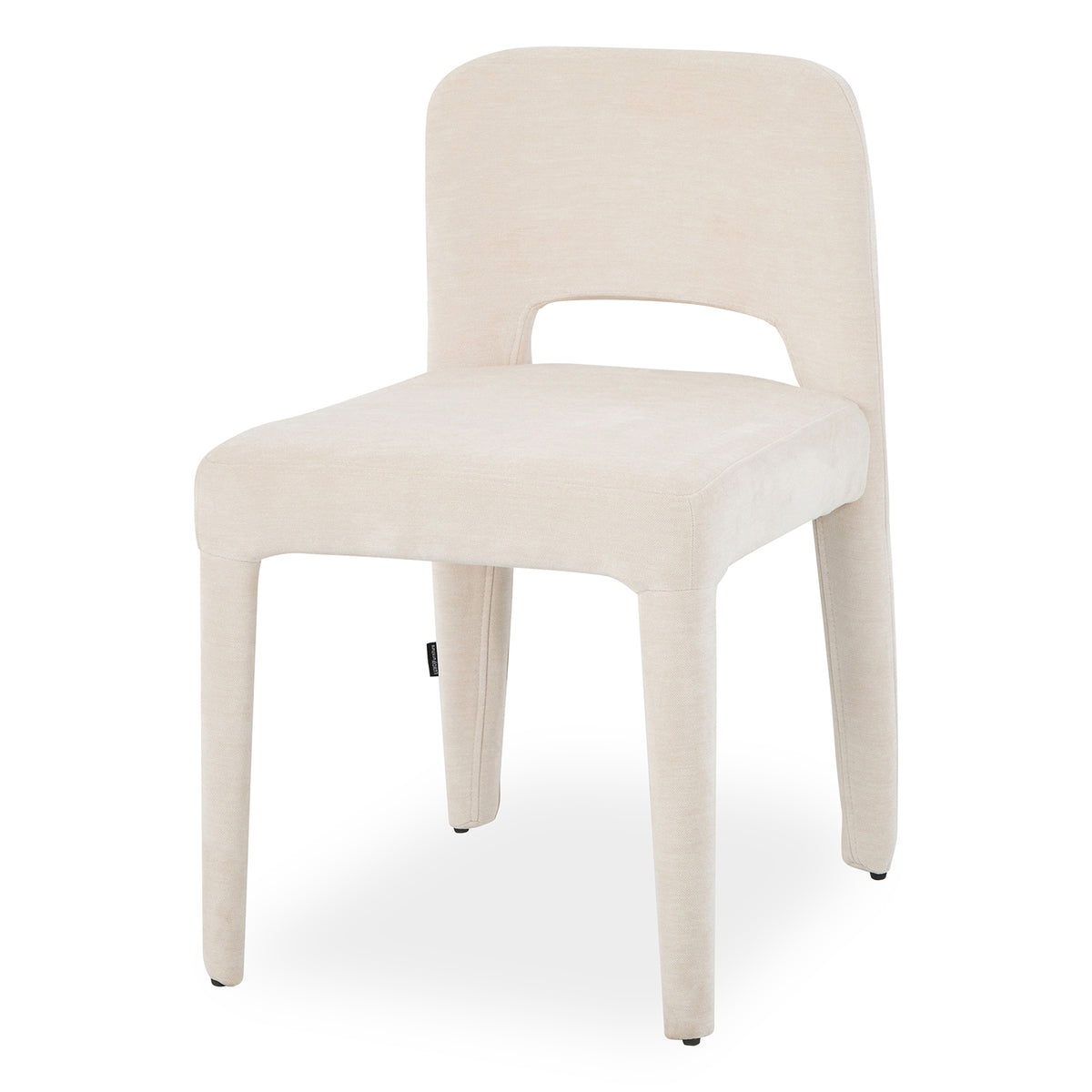 Edris upholstered dining chair in oat with curved backrest, cut-out detail and tapered fabric-covered legs