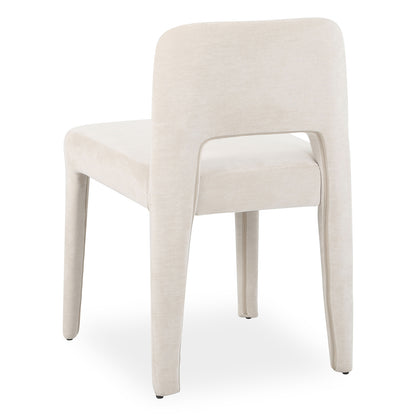 Edris upholstered dining chair in oat fabric with curved backrest, padded seat and tapered legs