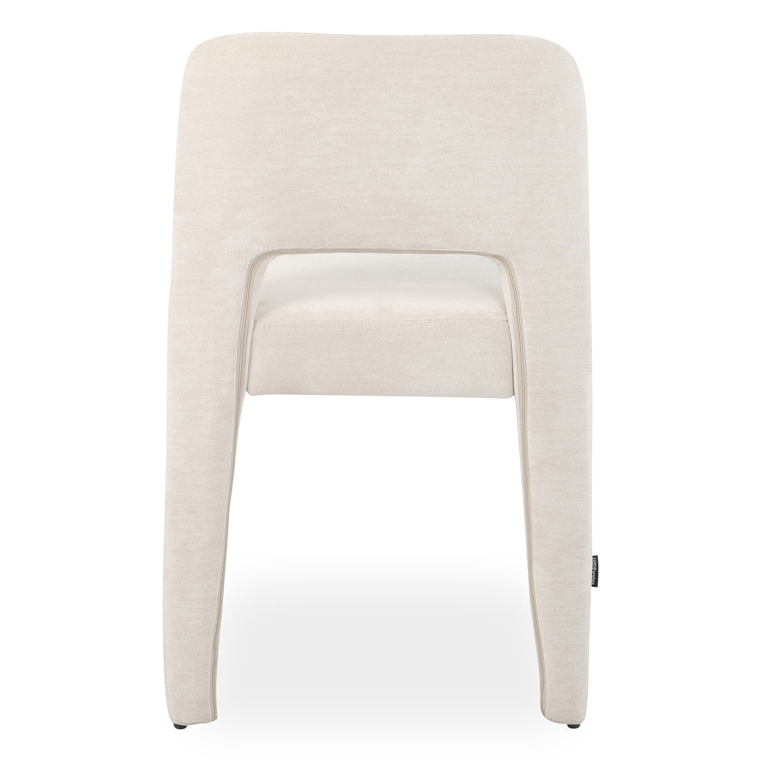 Edris upholstered dining chair in oat fabric with curved backrest and cut-out detail, shown from rear view