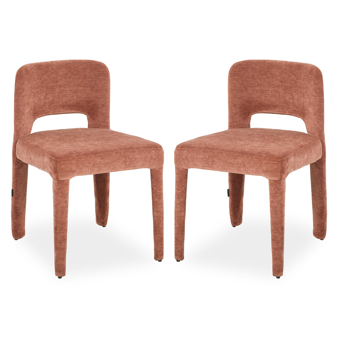Two terracotta upholstered dining chairs with curved backs, cut-out detail and tapered legs