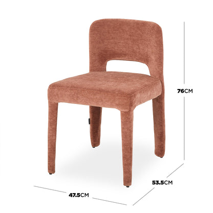 Edris terracotta upholstered dining chair with curved backrest and fabric-covered legs, 76cm height, 53.5cm depth, 47.5cm