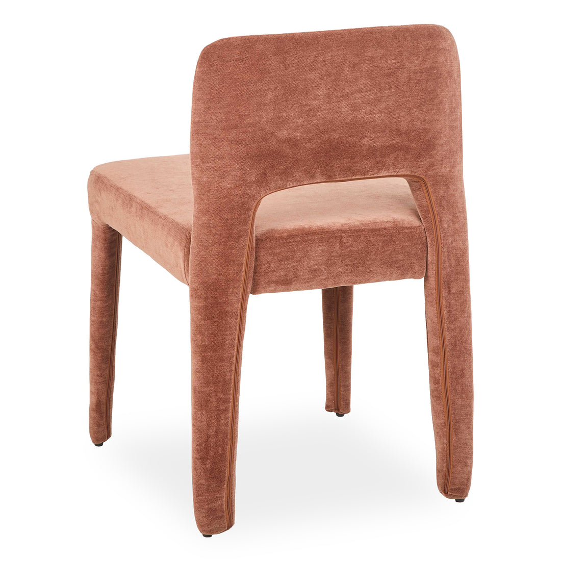 Edris dining chair in terracotta upholstery with curved backrest and four fabric-covered legs