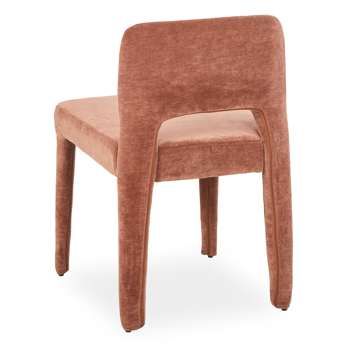 Edris dining chair in terracotta upholstery with curved backrest and four fabric-covered legs