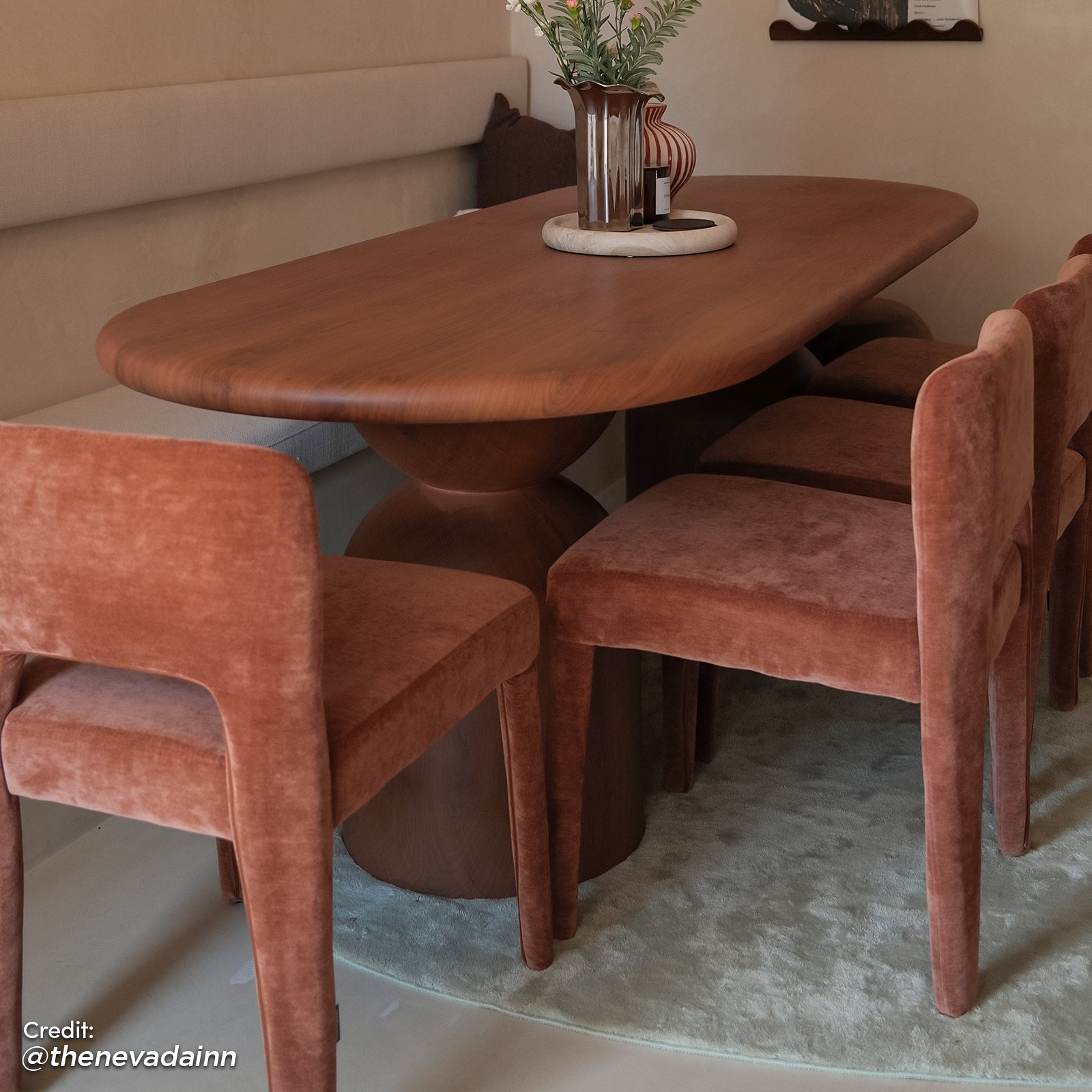 Edris upholstered leg dining chairs in terracotta, set of two, shown with rounded backrests and velvet-like fabric