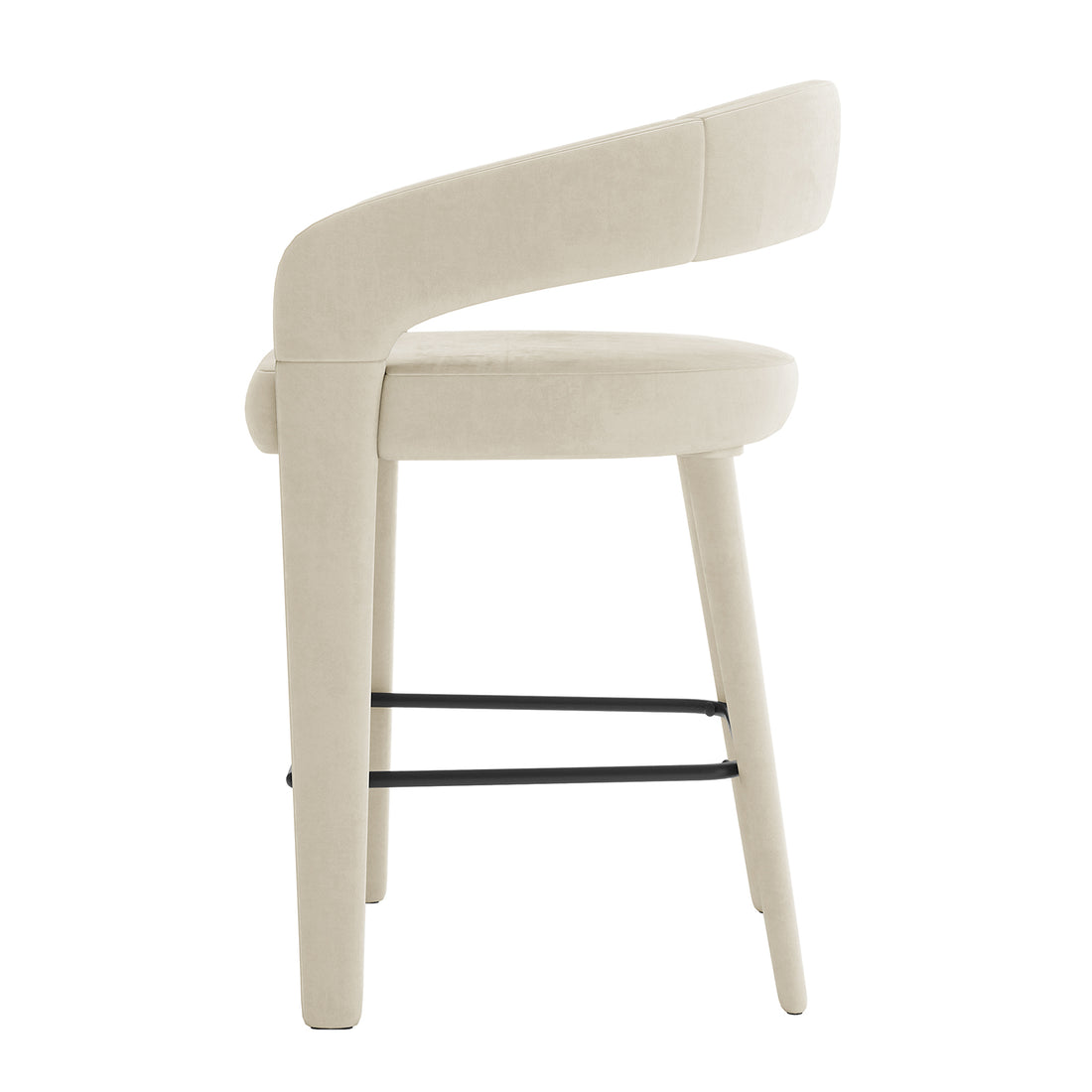 Eisha Velvet Bar Stool Beige Set of 2 features elegant white seating with black legs, showcasing a modern design with curved back and armrests, upholstered in luxurious velvet for enhanced comfort.
