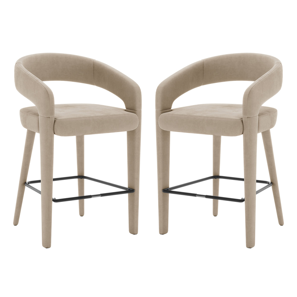 Eisha Velvet Bar Stool Warm Grey Set of 2 showcases a pair of stylish stools with black legs, curved backs, and armrests, perfect for modern bars or dining areas.