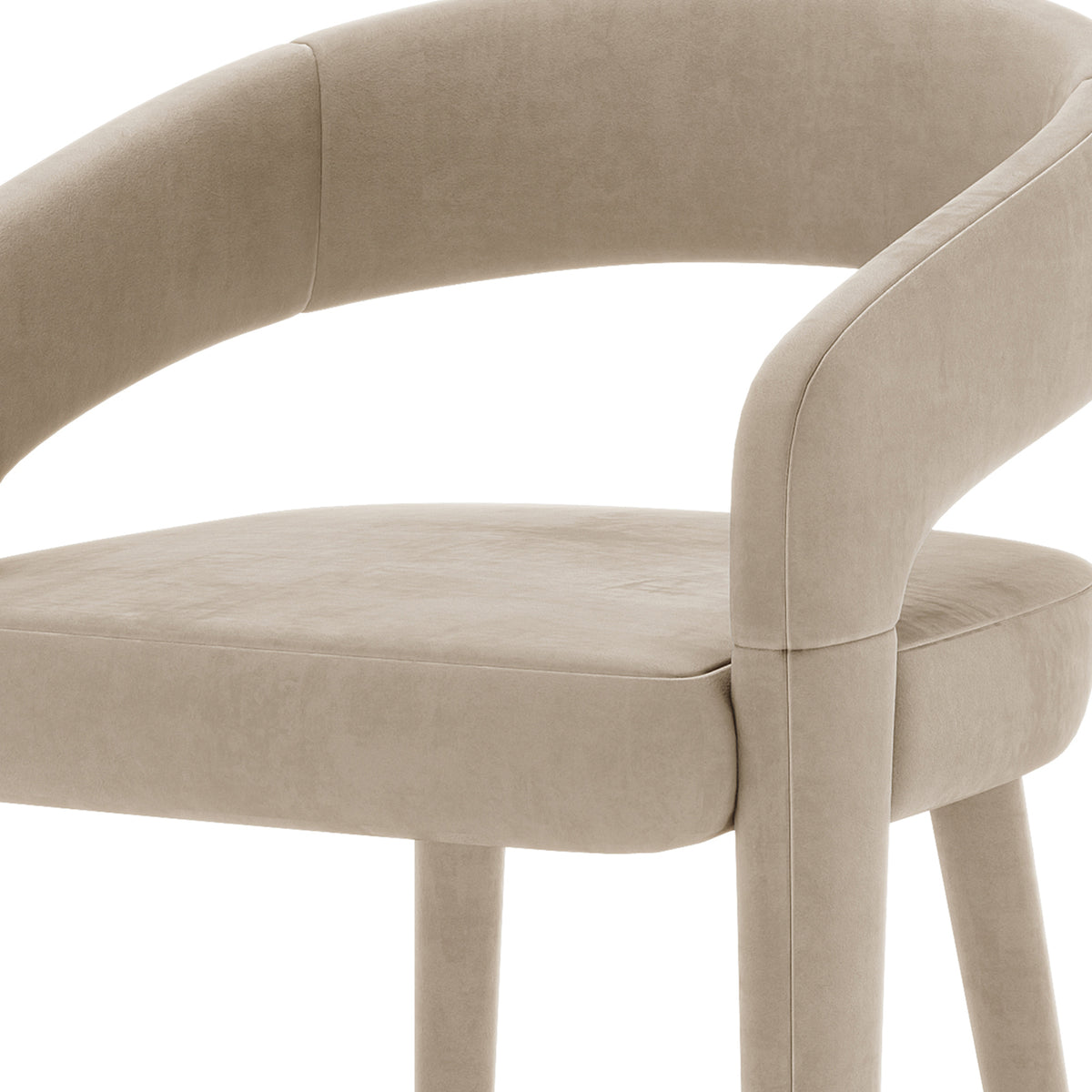 Eisha Velvet Bar Stool Warm Grey Set of 2 featuring luxurious velvet upholstery, curved back with armrests, and a sturdy metal frame. Close-up highlights the plush texture and elegant design details.