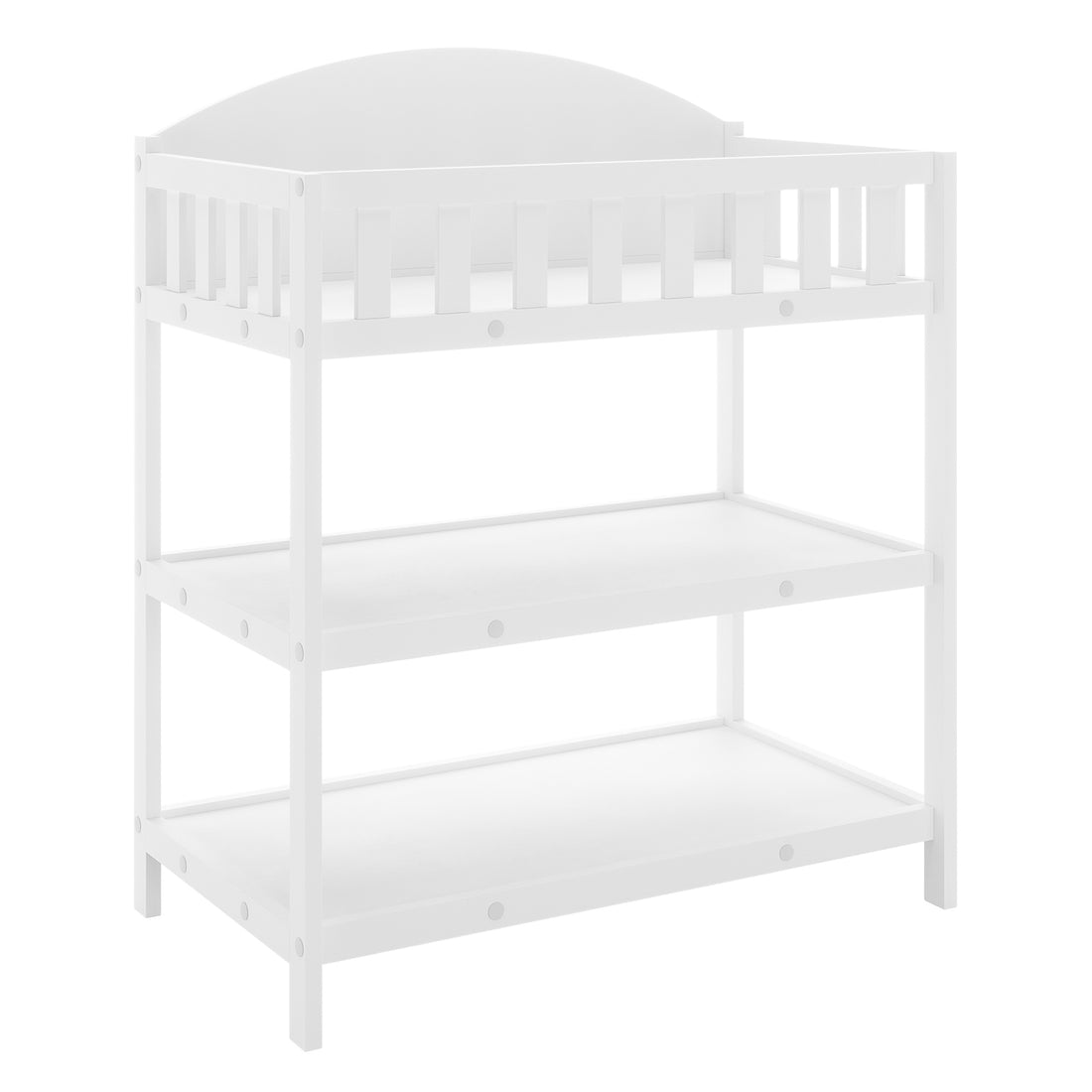 Elisabeth Solid Pine Baby Change Table with Storage in White: A white wooden three-tier unit with a railed top shelf and two open lower shelves, designed for nursery organization and baby safety.
