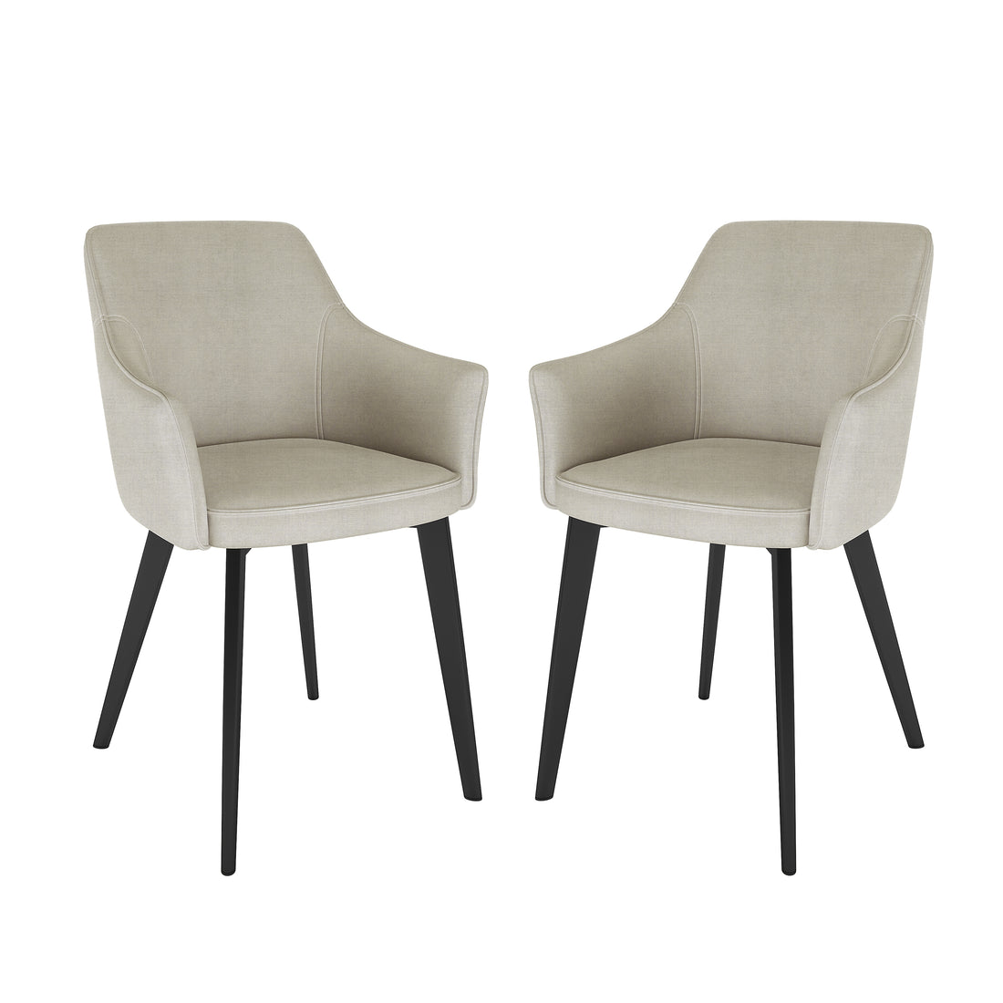 Ella Linen Dining Chair Set of 2 in Cream White, featuring gently curved, upholstered seats with integrated low armrests, and four tapered black legs, showcasing a modern dining-style design.