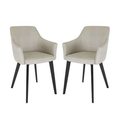 Ella Linen Dining Chair Set of 2 in Cream White, featuring gently curved, upholstered seats with integrated low armrests, and four tapered black legs, showcasing a modern dining-style design.