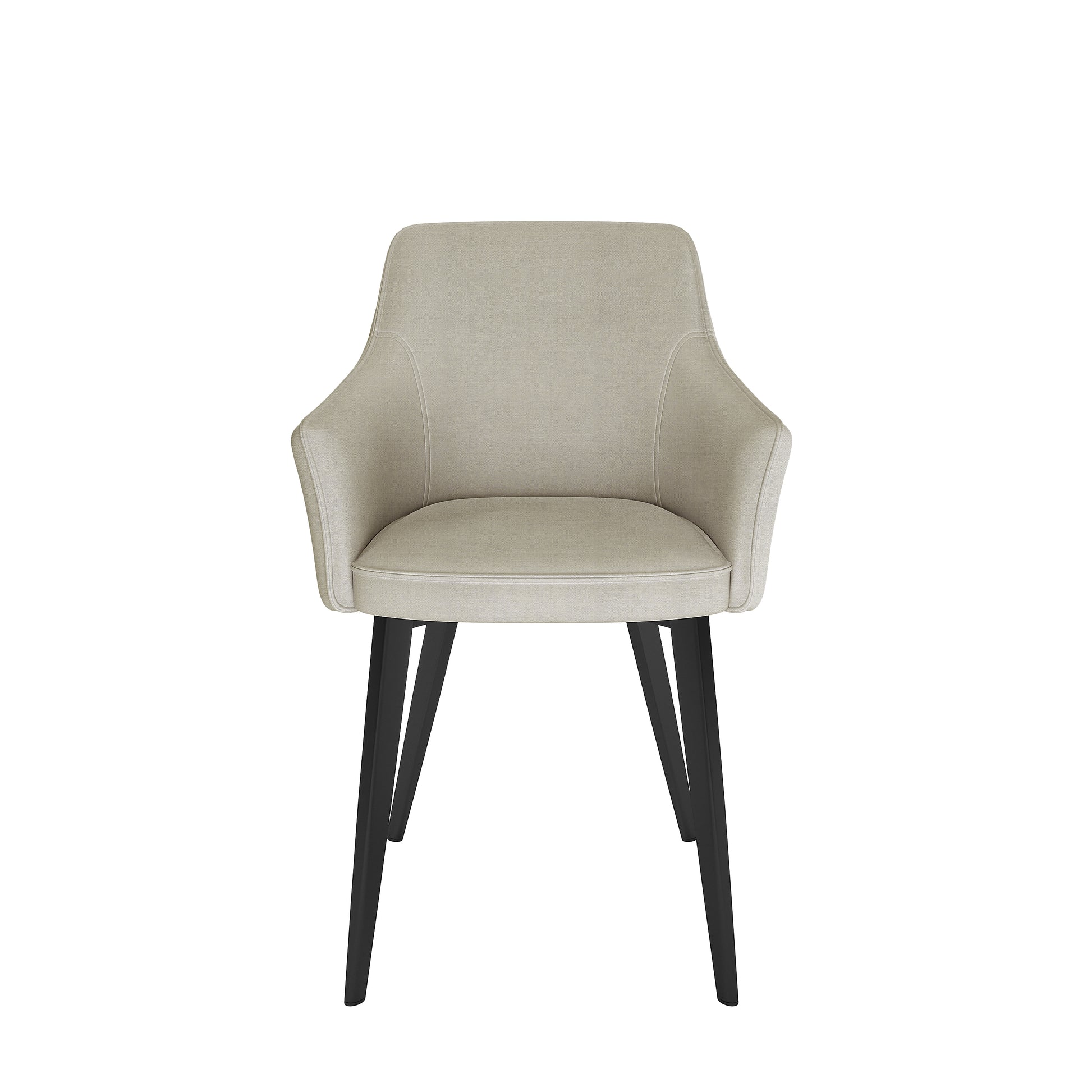 Ella Linen Dining Chair Set of 2 in Cream White, featuring a contemporary design with a low flared back, integrated armrests, light beige fabric upholstery, and slender black legs.