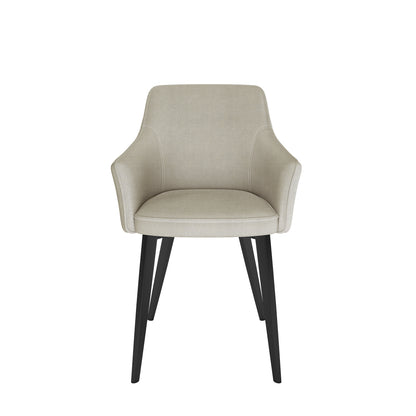 Ella Linen Dining Chair Set of 2 in Cream White, featuring a contemporary design with a low flared back, integrated armrests, light beige fabric upholstery, and slender black legs.