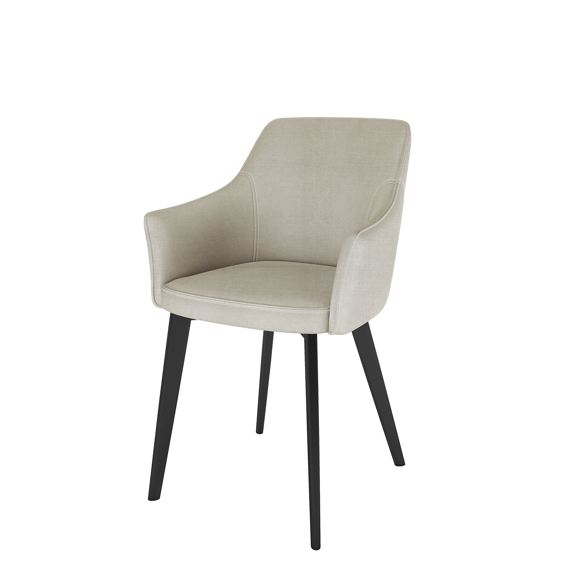 Ella Linen Dining Chair Set of 2 in Cream White features a modern design with upholstered, gently curved armrests and a light-beige seat on sleek black legs, perfect for contemporary dining rooms.