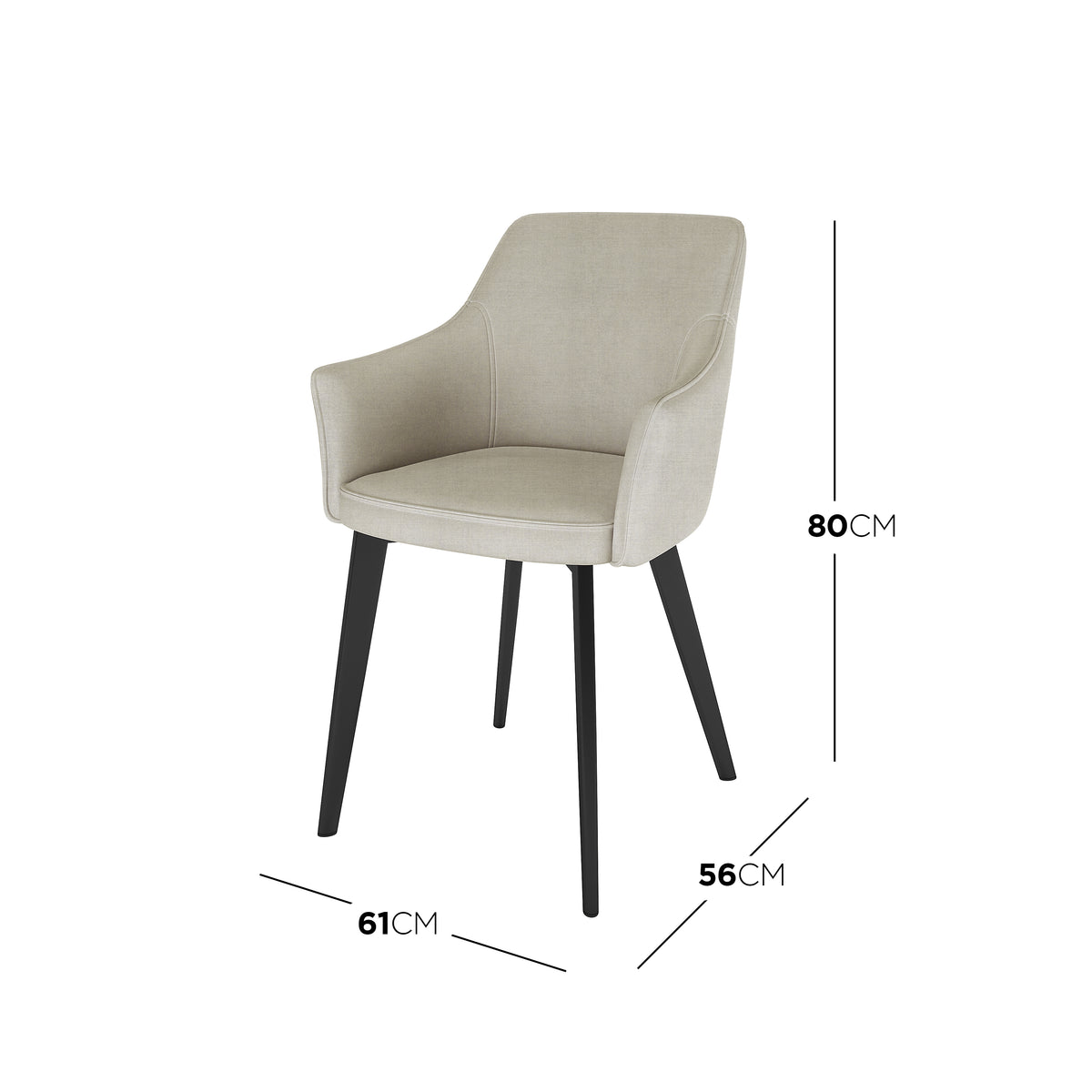 Ella Linen Dining Chair Set of 2 in Cream White features a curved back, integrated armrests, light-neutral padded seat, and splayed black legs, perfect for modern dining spaces. Dimensions: 61x56x80 cm.