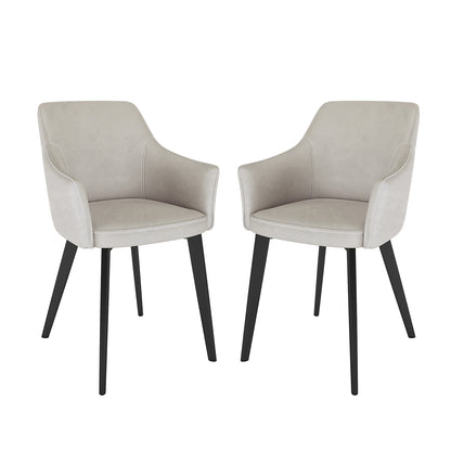 Ella Velvet Dining Chair Set of 2 in Beige features contemporary design with taupe upholstered seats, sleek integrated armrests, and outward-tapered black metal legs, embodying minimalist elegance and comfort.