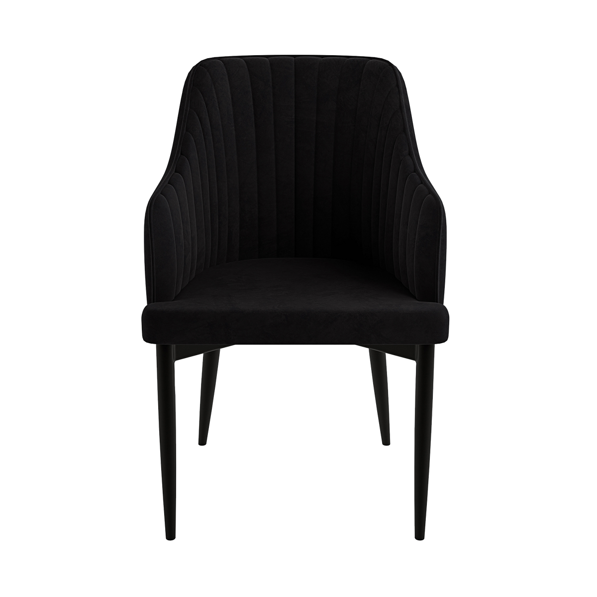 Elly Velvet Curved Dining Chair with Arms Set of 2 - Black, featuring plush upholstery, curved high-back with armrests, sturdy metal frame, and sleek tapered legs, offering luxurious comfort and modern elegance.