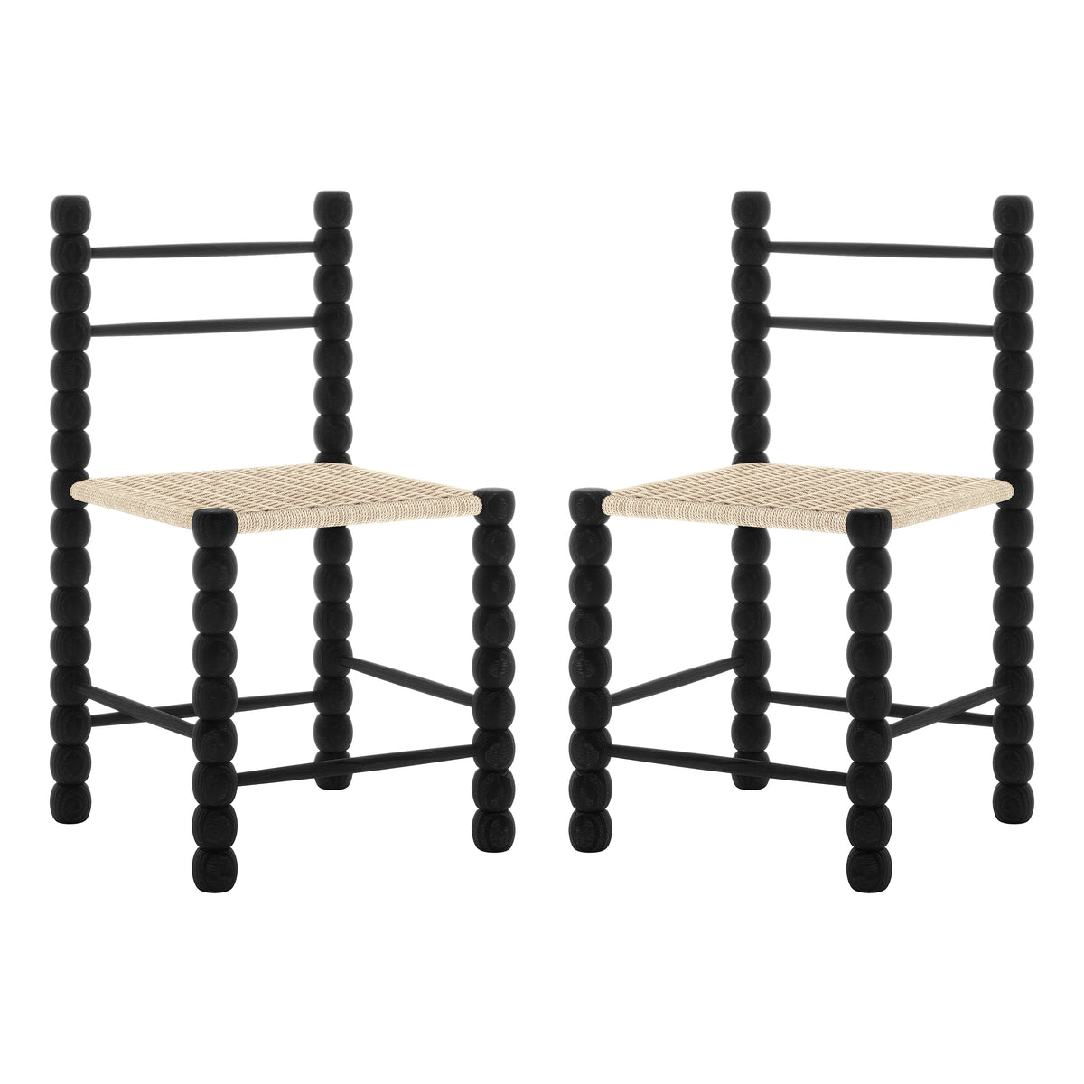Close-up of the Em Solid Oak Dining Chair Set of 2 - Black, showcasing the elegant bobbin-style frame and woven natural fibre seat, highlighting its craftsmanship and classic design.