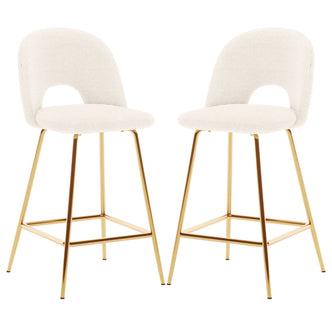 Evie High Back Boucle Bar Stool Set of 2 in White features cream boucle seats with curved backs, open cut-outs, and gold-plated legs, offering a modern, elegant touch to any space.