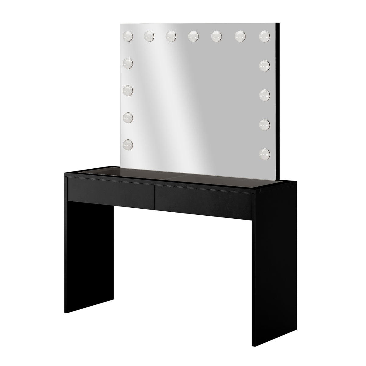 Gianna Hollywood LED Mirror Dressing Table - Black featuring a large LED mirror with 15 lights, sleek glass top, and two spacious drawers on a stylish black vanity.
