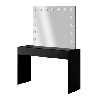 Gianna Hollywood LED Mirror Dressing Table - Black featuring a large LED mirror with 15 lights, sleek glass top, and two spacious drawers on a stylish black vanity.