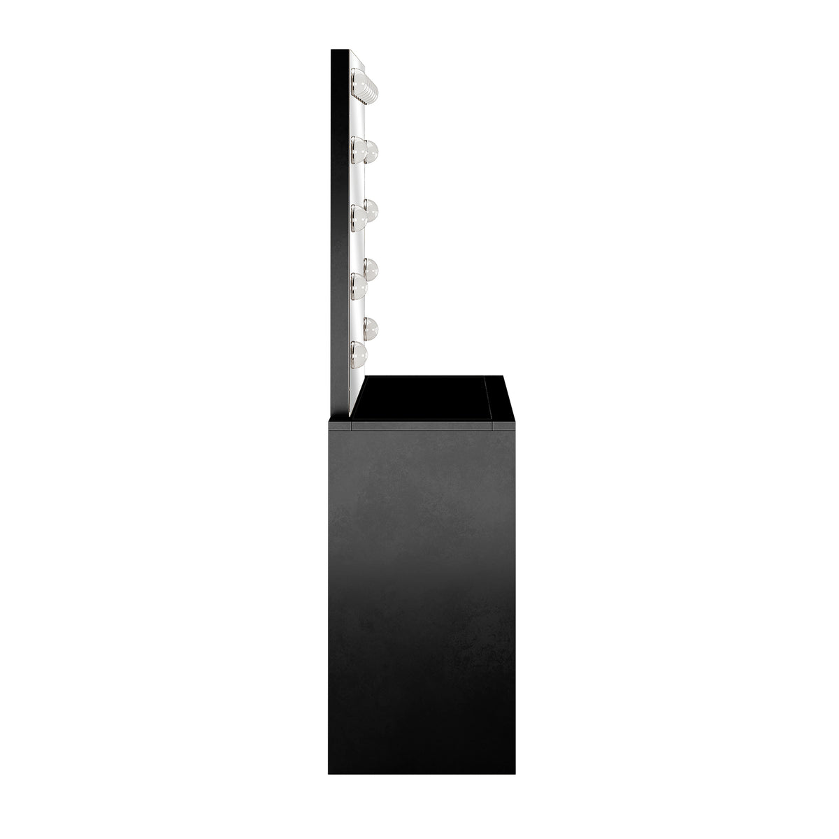 Gianna Hollywood LED Mirror Dressing Table - Black, featuring a sleek black frame with a large LED mirror, white-bordered details, and minimalist design, perfect for modern beauty setups.