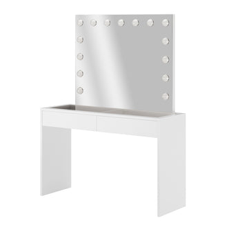 Gianna Hollywood LED Mirror Dressing Table - White featuring a large LED mirror with adjustable lighting and two spacious drawers for makeup storage, offering a sleek and modern design.