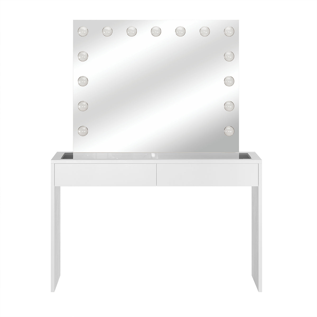 Gianna Hollywood LED Mirror Dressing Table - White; features a sleek design with a large LED mirror, two drawers for storage, and a modern glass top, ideal for makeup organization.
