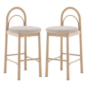 Gilles Linen Arched Bar Stool Set of 2 - Beige, features a close-up view of the arched backrest and sleek metal frame with wood accents, highlighting its modern design and comfortable padding.