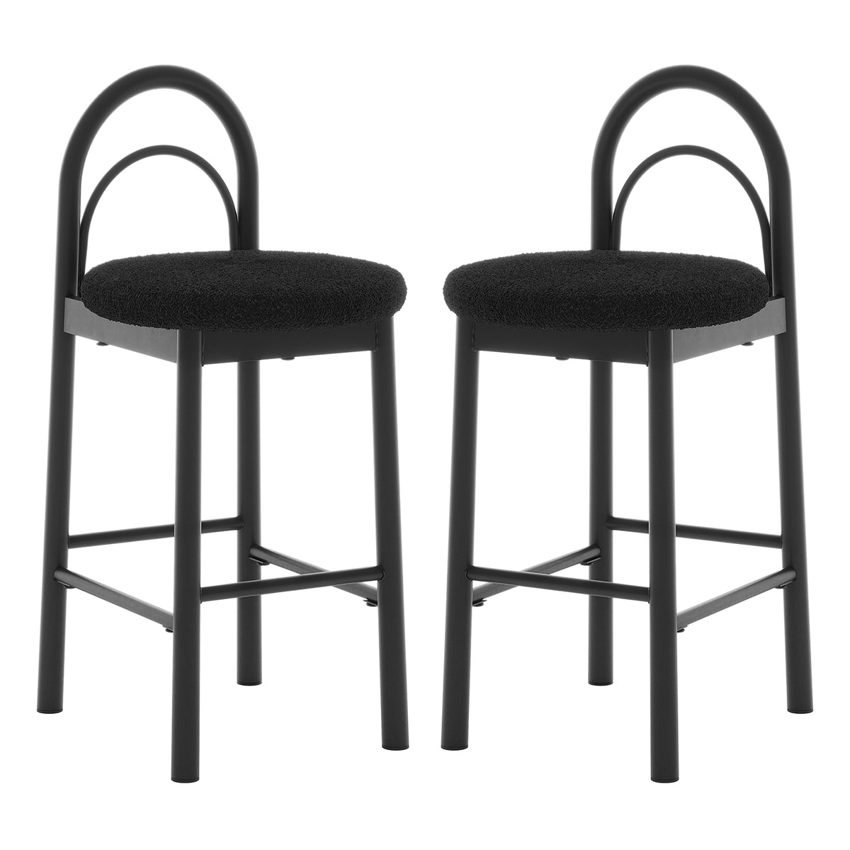 Gilles Boucle Arched Bar Stool Black Set of 2 featuring plush boucle upholstery, thick foam padding, and arched backrests on a durable metal frame with built-in footrests for modern, sophisticated seating.