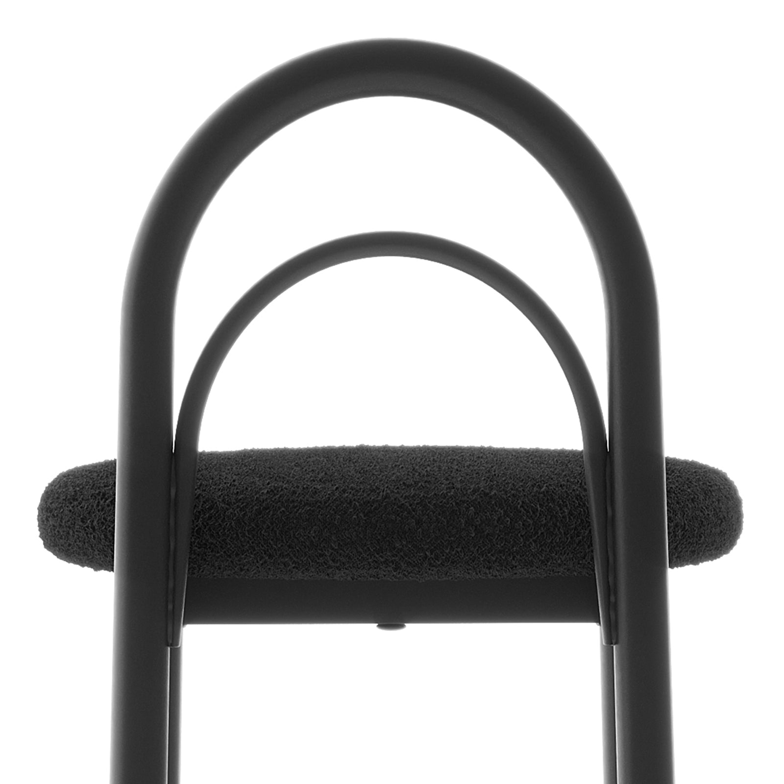 Gilles Boucle Arched Bar Stool Black Set of 2 showcasing plush black boucle fabric with an arched backrest, thick foam padding, and a sleek metal frame, exemplifying modern elegance and comfort.