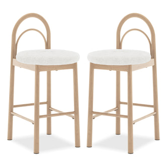 Gilles Boucle Arched Bar Stool Cream White Set of 2 features plush white cushions on a sleek metal frame, showcasing elegant arched backrests and footrests, perfect for modern dining spaces.