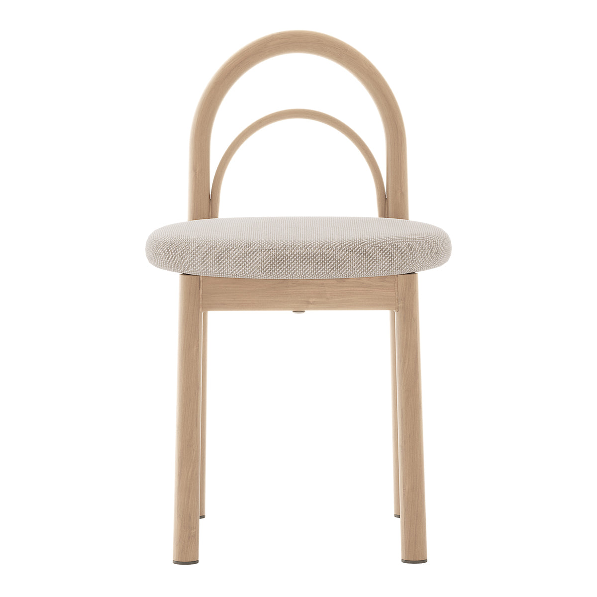 Close-up of the Gilles Linen Arched Dining Chair set, showcasing the elegant arched backrest and plush beige linen upholstery, highlighting its sophisticated design and comfort-focused construction.