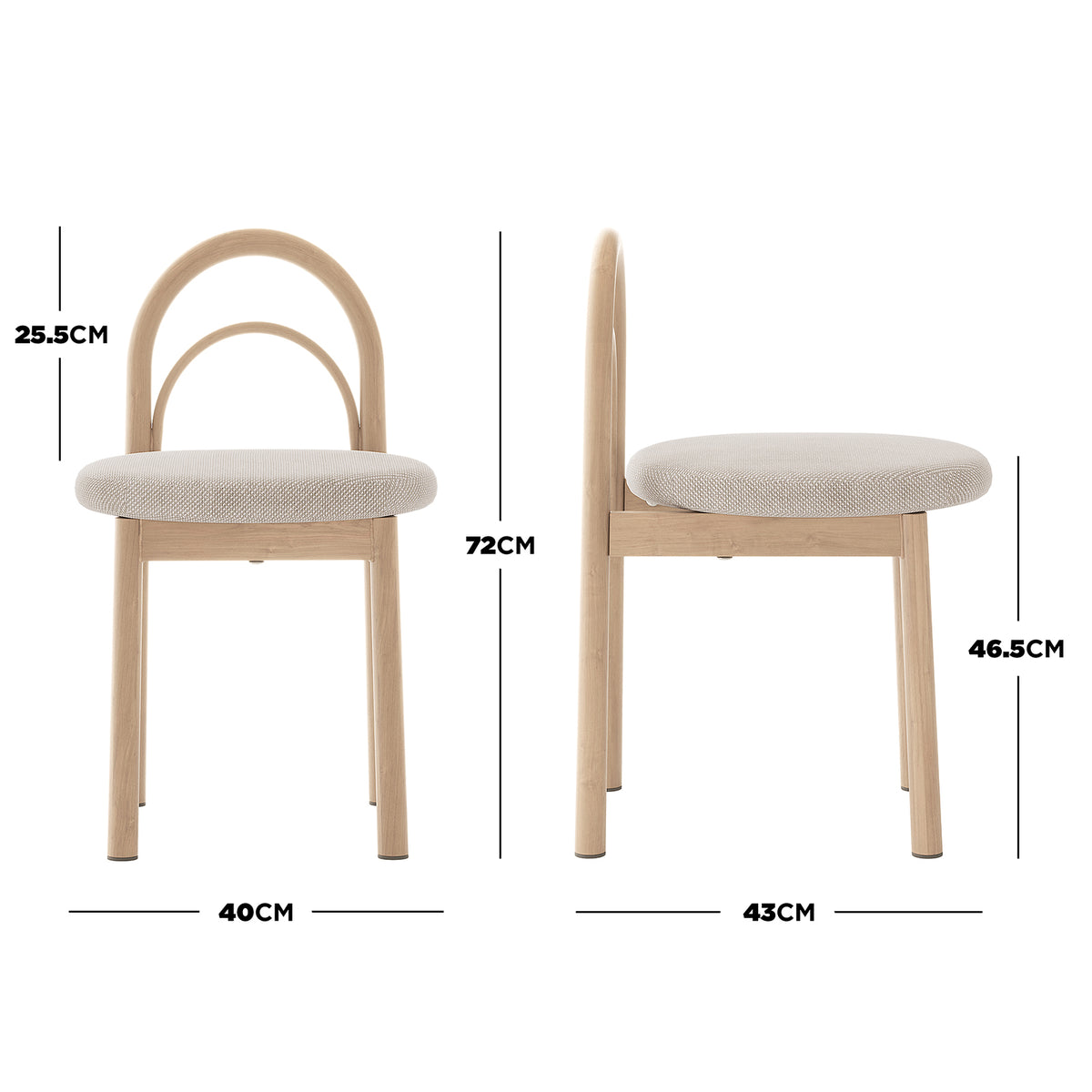 Close-up view of Gilles Linen Arched Dining Chair Set of 2, highlighting the elegant double arched backrest and sturdy powder-coated metal frame, showcasing its sophisticated design and high-backrest feature.