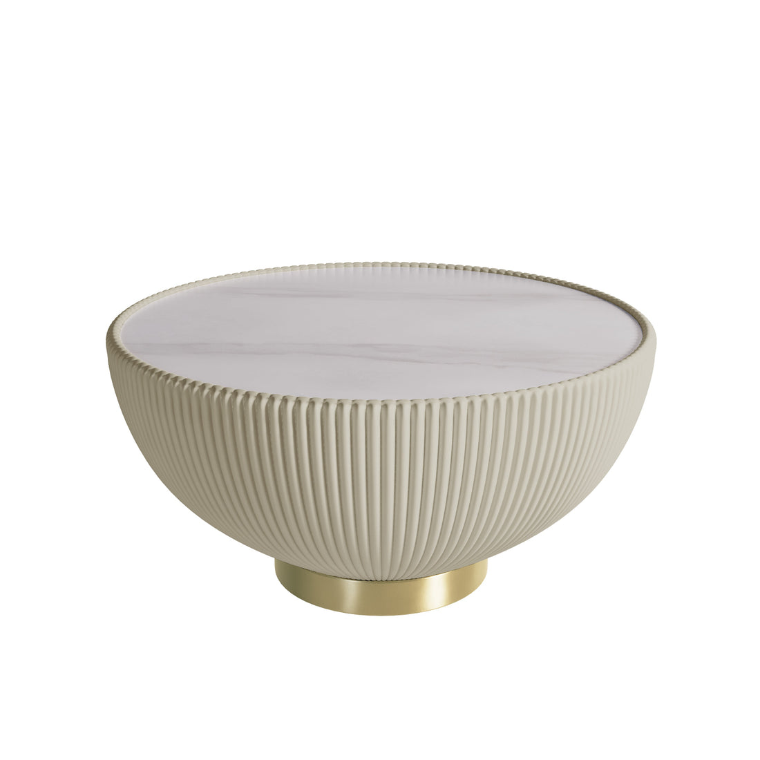 Glalie Sintered Stone Coffee Table Set in Cream White features a round, marble-look top on a bowl-shaped, fluted base with a gold-tone pedestal, enhancing any modern or traditional decor.