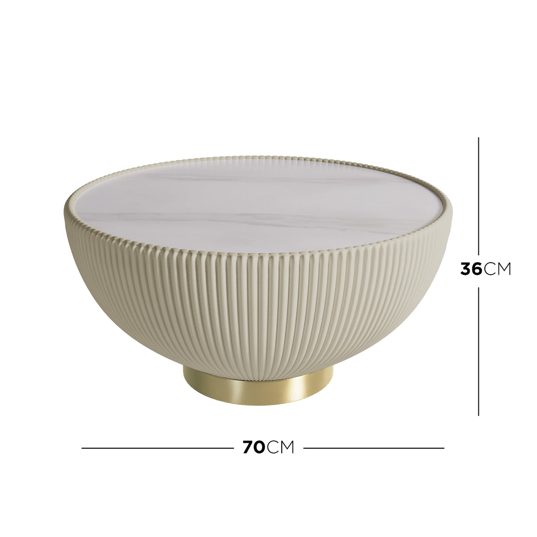 Glalie Sintered Stone Coffee Table Set in Cream White features a modern design with a round marble-look tabletop, ribbed cream bowl-shaped base, and a gold-metal plinth for stylish versatility.