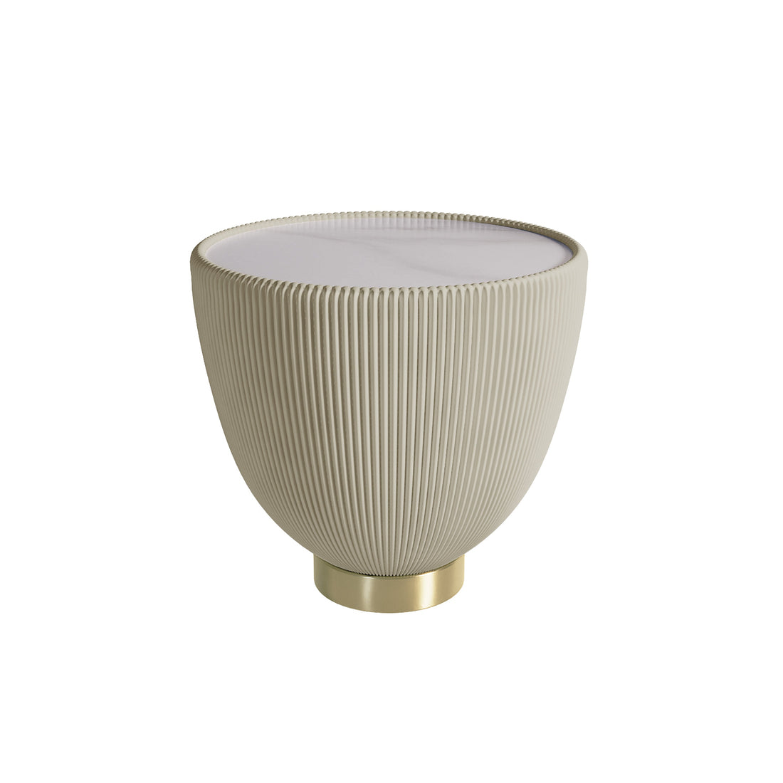 Glalie Sintered Stone Coffee Table Set in Cream White features a decorative fluted-side container with a matching lid on a brass-colored base, highlighting its elegant design.