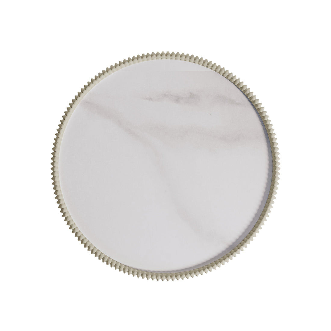 The Glalie Sintered Stone Coffee Table Set features a round, gear-like cream-white tabletop with a toothed edge, ideal for versatile decor in modern or traditional settings.