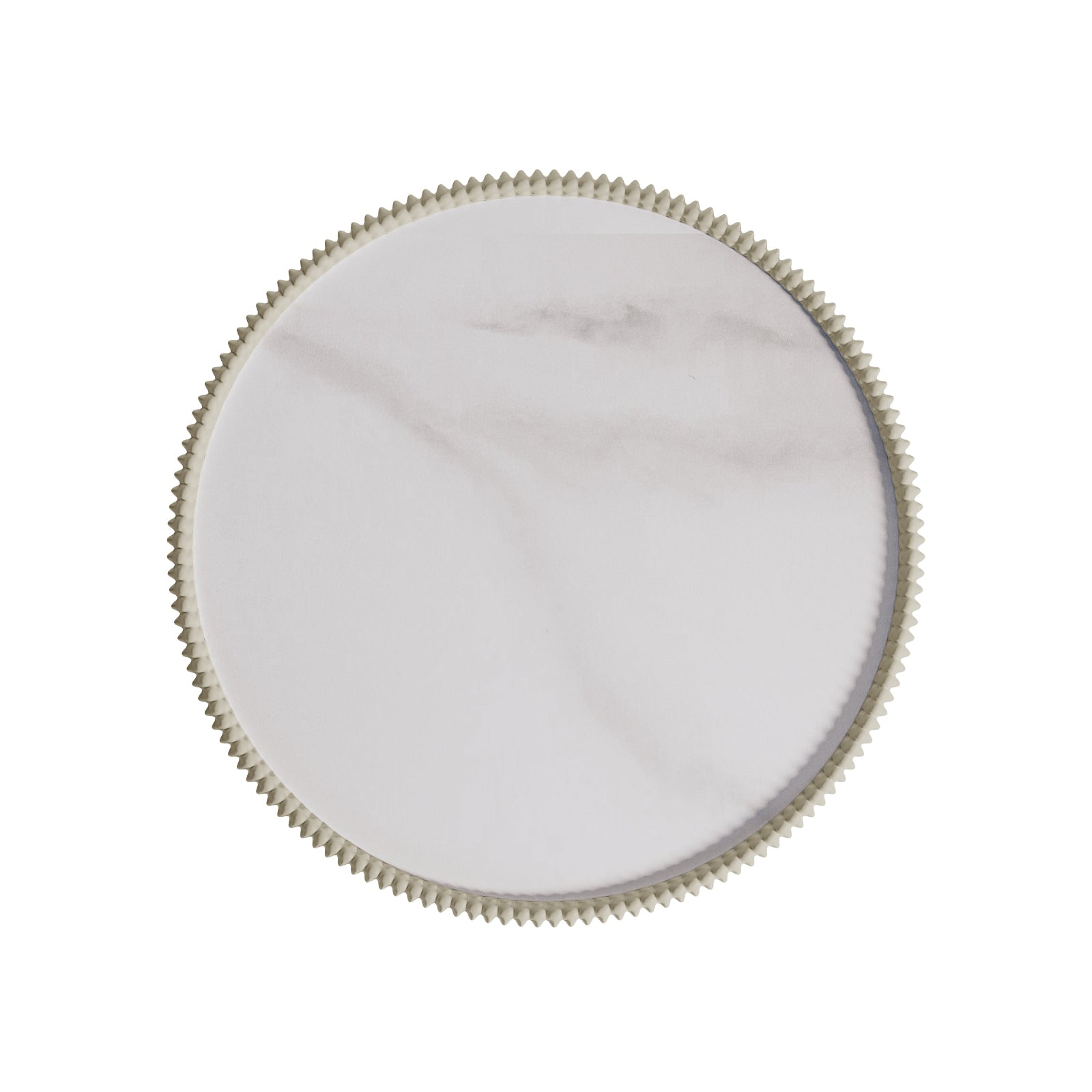 The Glalie Sintered Stone Coffee Table Set features a round, gear-like cream-white tabletop with a toothed edge, ideal for versatile decor in modern or traditional settings.