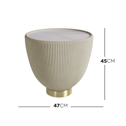 Glalie Sintered Stone Coffee Table Set in Cream White features a round, fluted table with a smooth top, ribbed beige body, and gold-tone metal base, measuring 47 cm wide and 45 cm high.